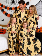 Vintage Black Cat & Star Print Notch Collar Long Sleeve Pajama Set