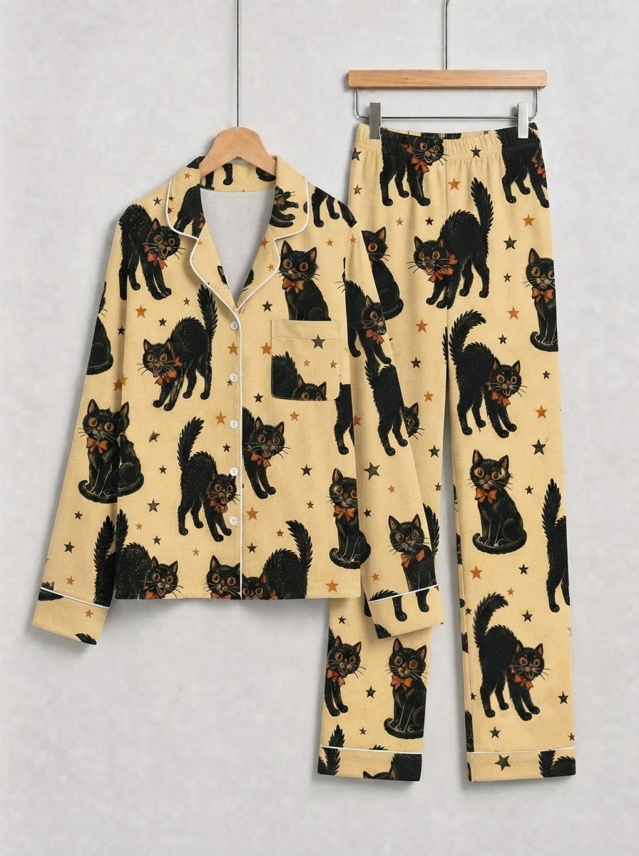 Vintage Black Cat & Star Print Notch Collar Long Sleeve Pajama Set