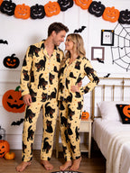 Vintage Black Cat & Star Print Notch Collar Long Sleeve Pajama Set