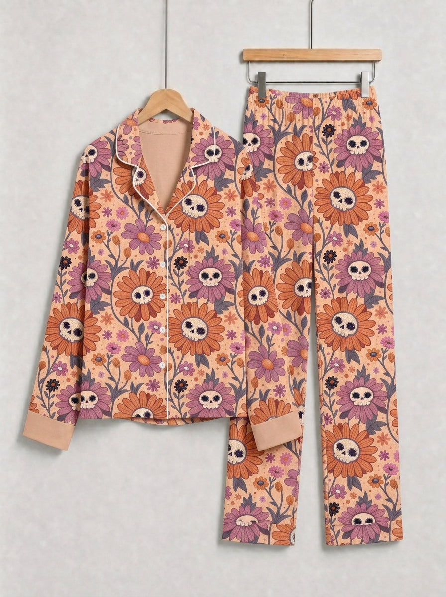 Boho Retro Floral Skull Patterned Two-Piece Soft Lounge Sleepwear Set