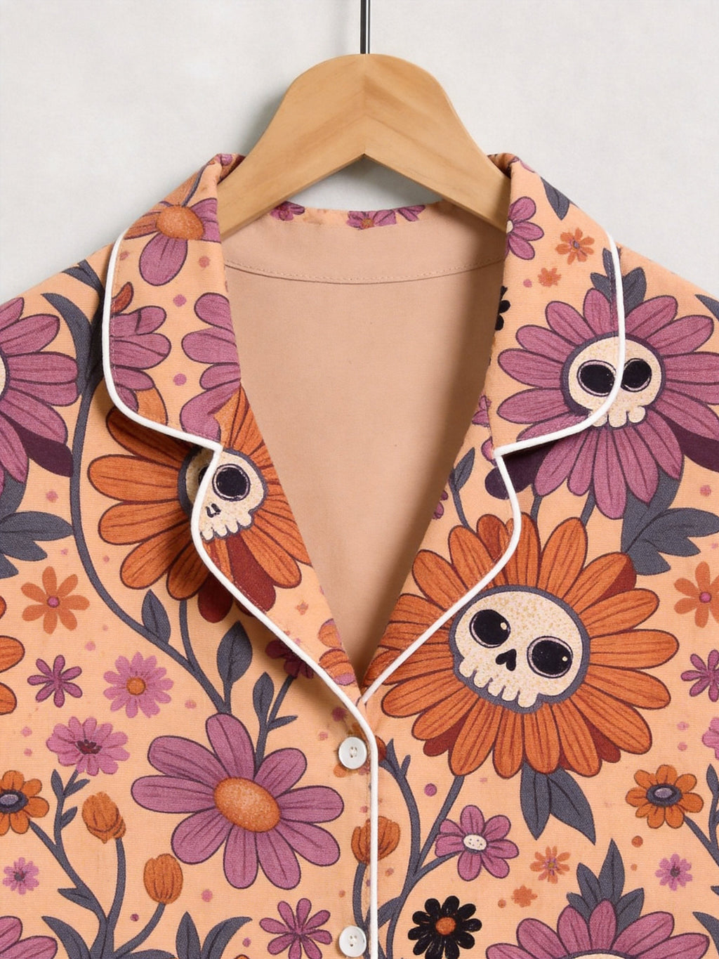 Boho Retro Floral Skull Patterned Two-Piece Soft Lounge Sleepwear Set