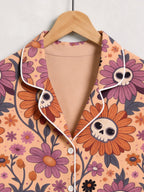 Boho Retro Floral Skull Patterned Two-Piece Soft Lounge Sleepwear Set