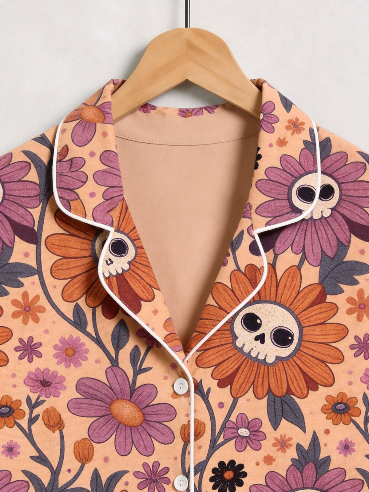 Boho Retro Floral Skull Patterned Two-Piece Soft Lounge Sleepwear Set