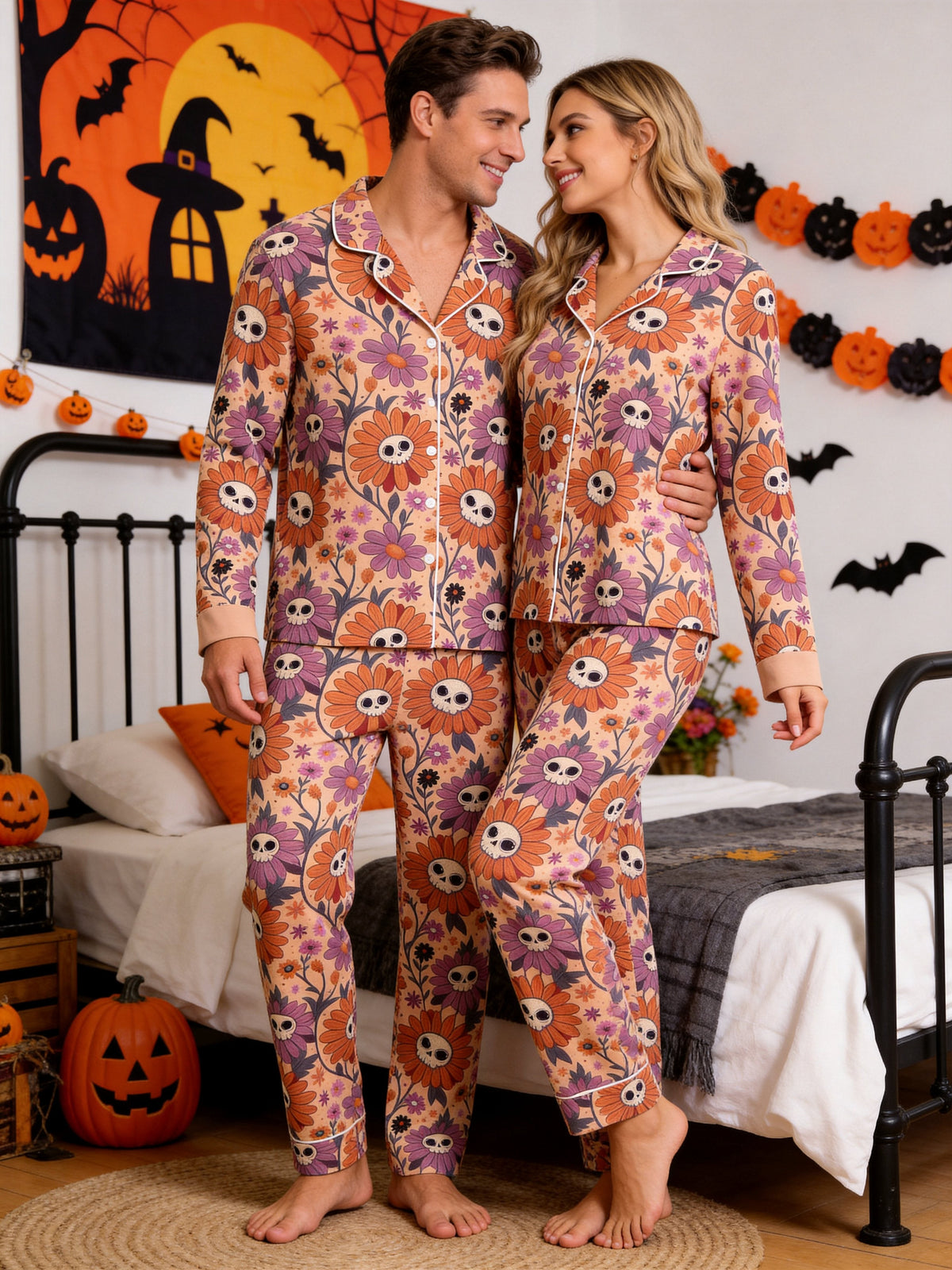 Boho Retro Floral Skull Patterned Two-Piece Soft Lounge Sleepwear Set