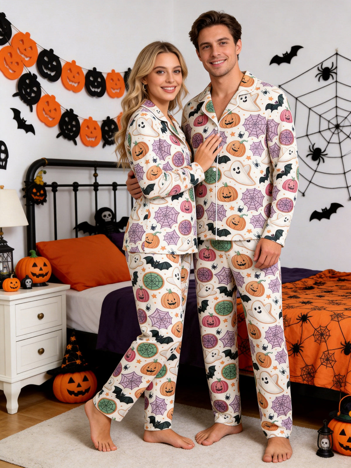 Spooky Cute Ghost, Jack-O'-Lantern Pumpkin & Spiderweb Print Sleep Set