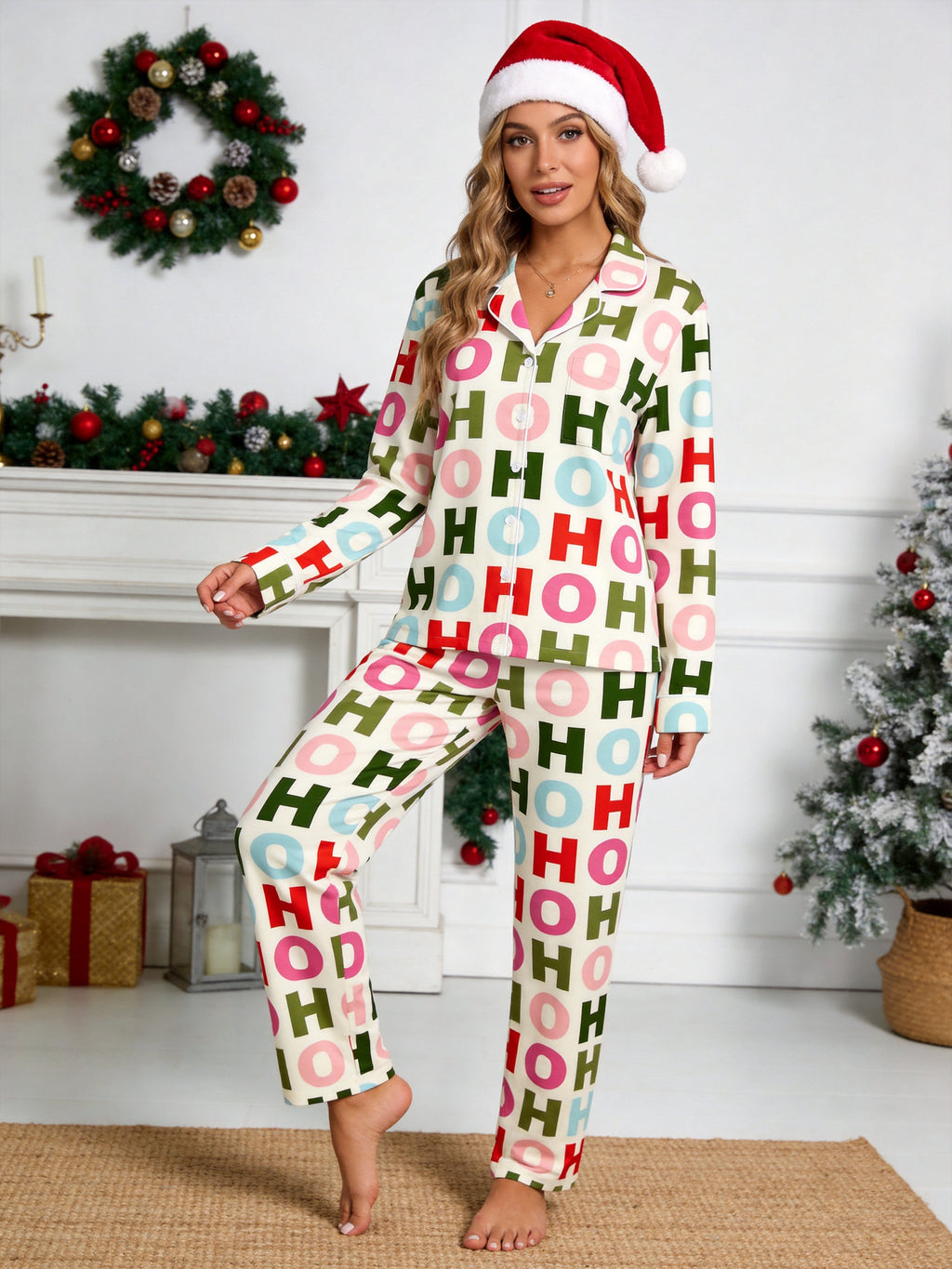 Colorful HO HO HO Christmas Letter Graphic Matching Couple Pajamas