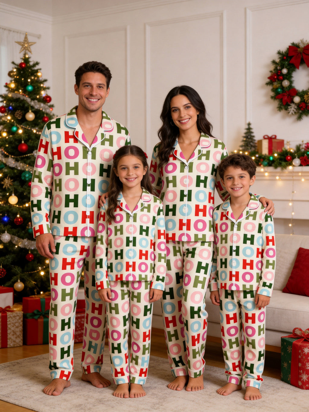 Colorful HO HO HO Christmas Letter Graphic Matching Couple Pajamas