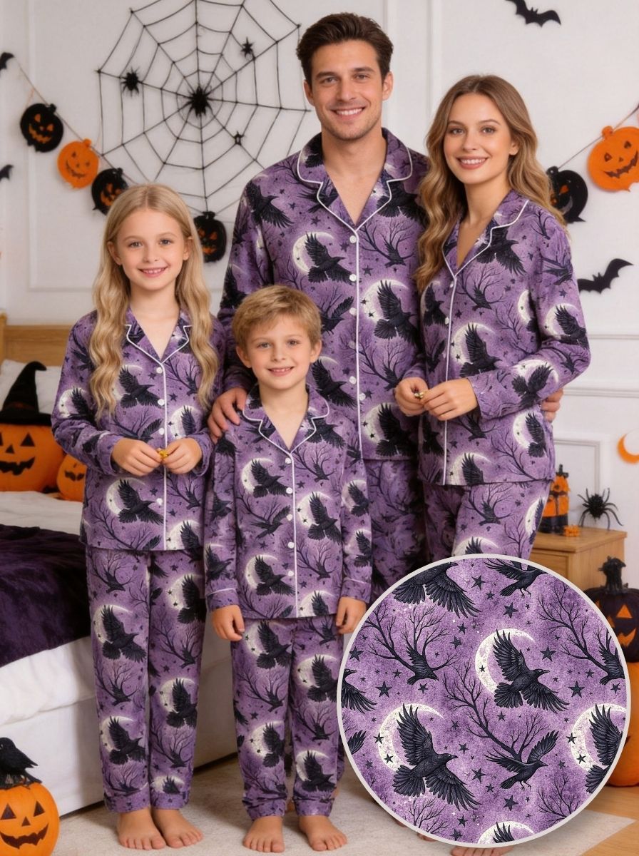 Gothic Moonlight Raven & Bare Branch Print Purple Long Sleeve Pajamas