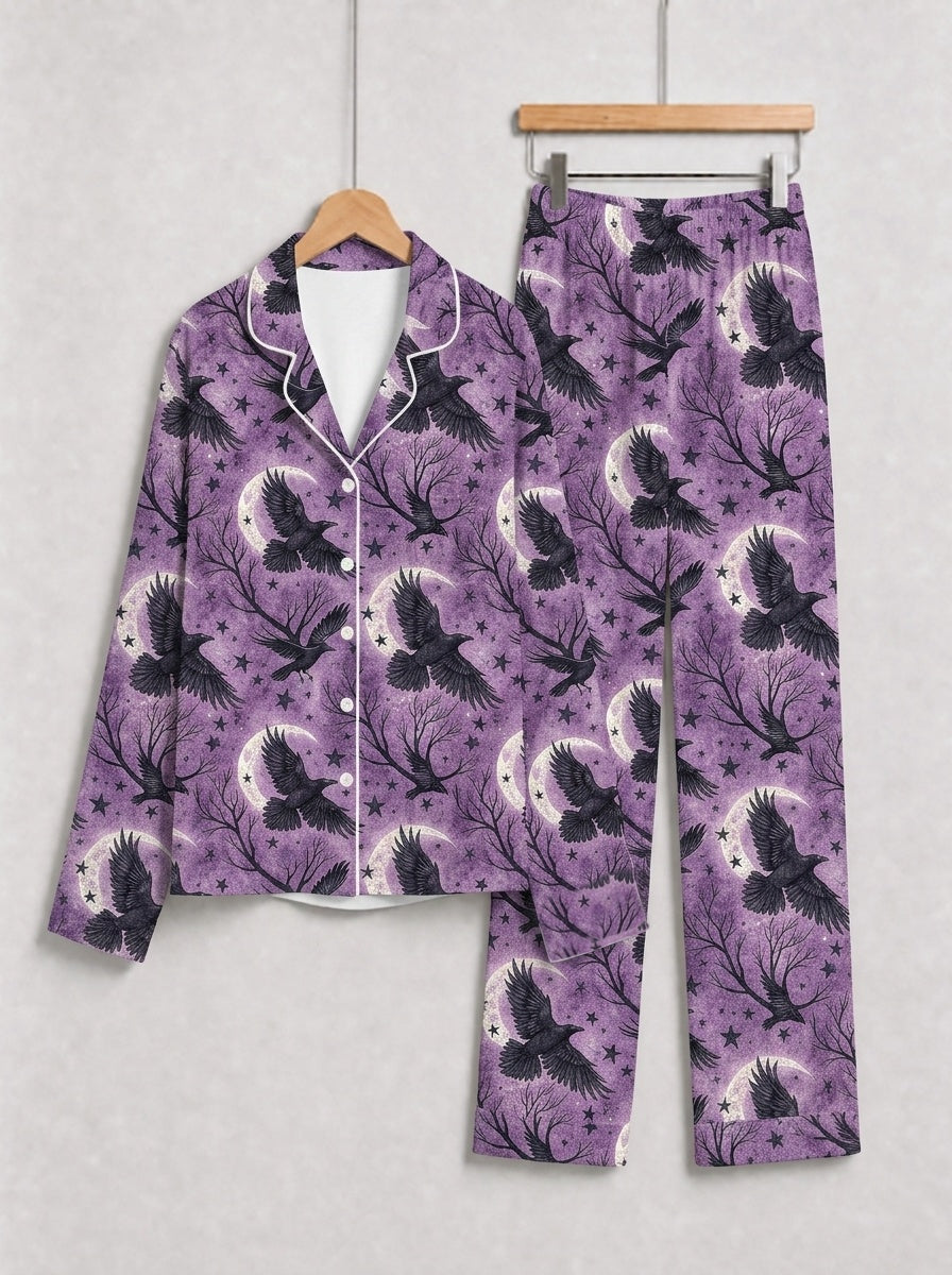 Gothic Moonlight Raven & Bare Branch Print Purple Long Sleeve Pajamas
