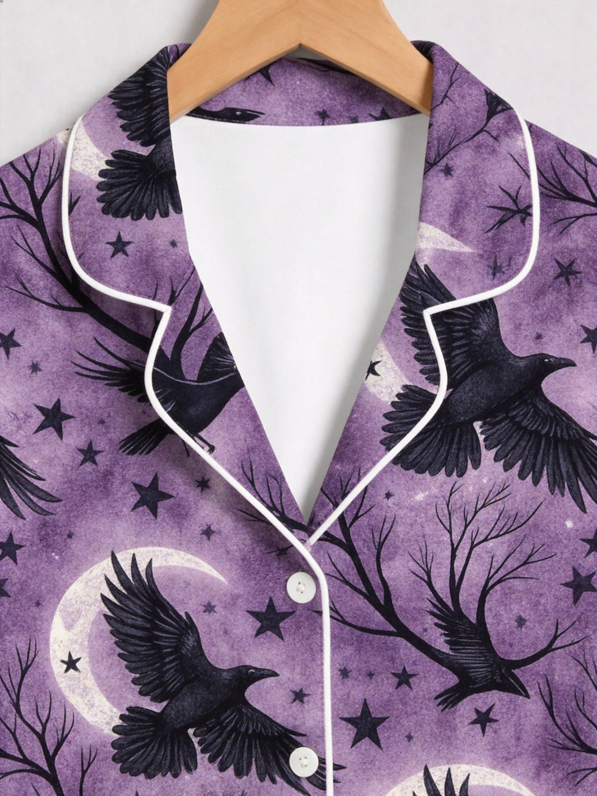 Gothic Moonlight Raven & Bare Branch Print Purple Long Sleeve Pajamas