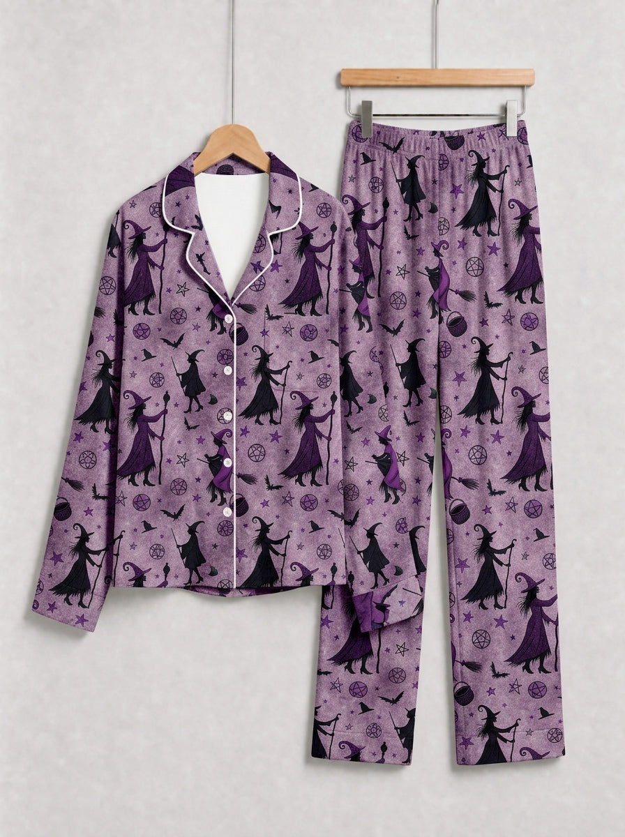 Wiccan Witch Silhouette, Broomstick & Pentagram Pattern Purple Sleepwear