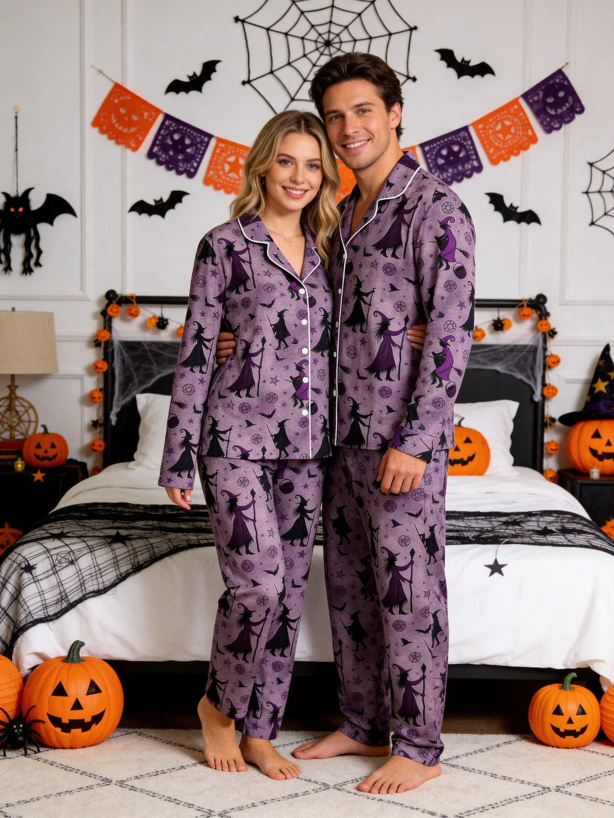 Wiccan Witch Silhouette, Broomstick & Pentagram Pattern Purple Sleepwear