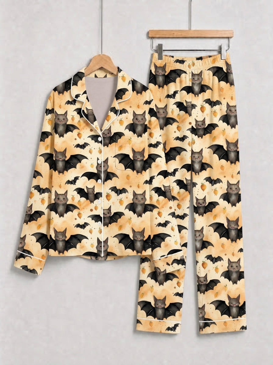 Cute Little Bat & Lantern Print Yellow Halloween Notch Collar Pajama Set