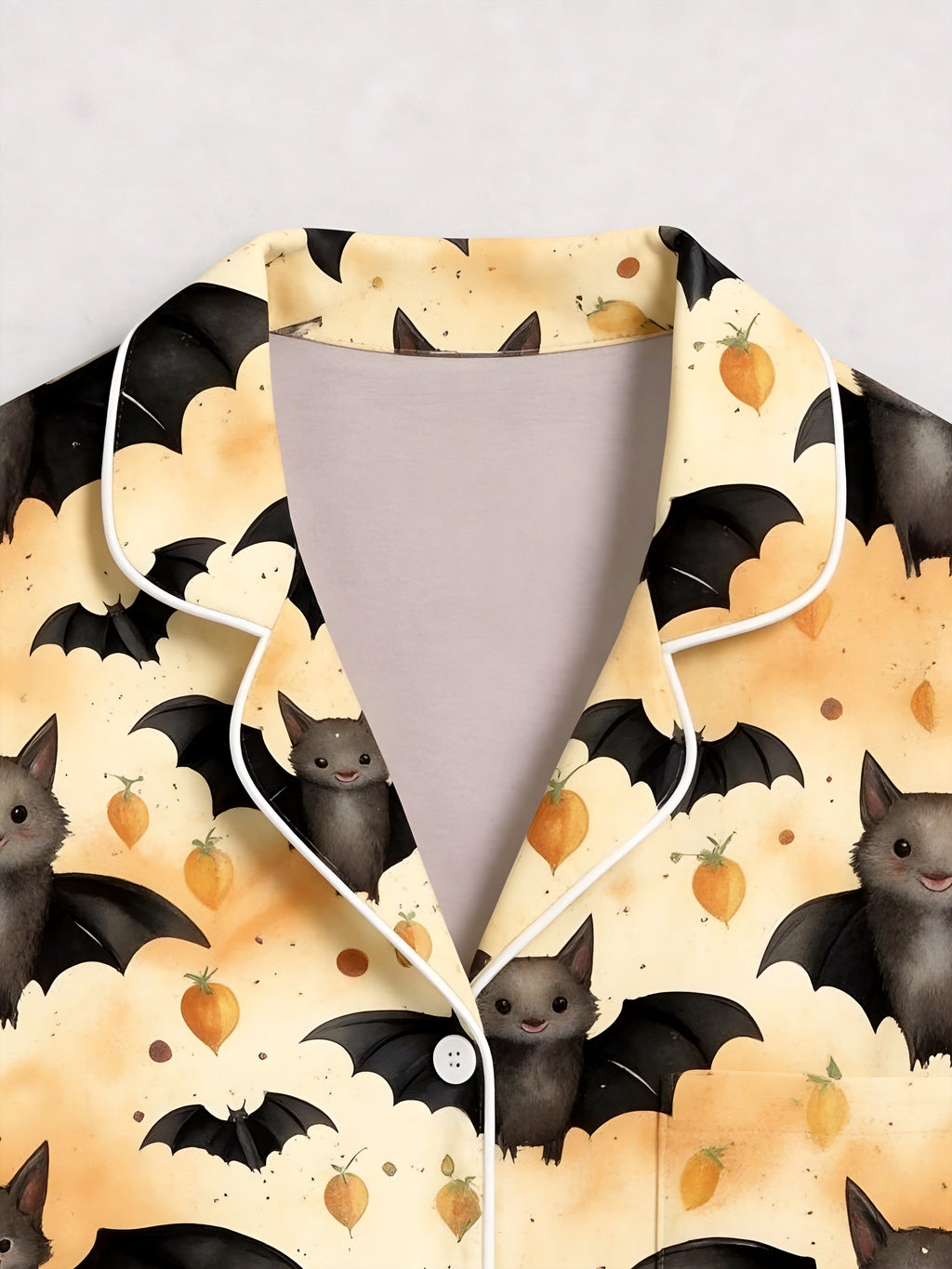Cute Little Bat & Lantern Print Yellow Halloween Notch Collar Pajama Set