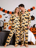 Cute Little Bat & Lantern Print Yellow Halloween Notch Collar Pajama Set