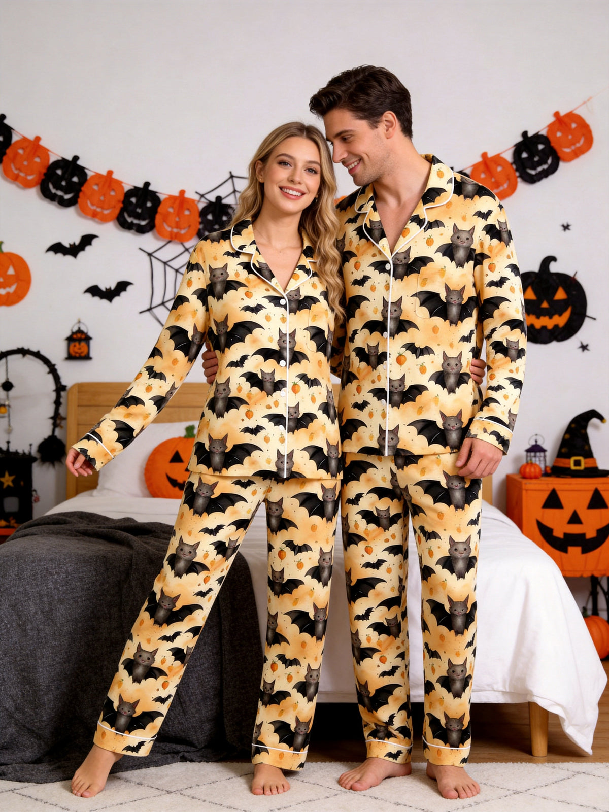 Cute Little Bat & Lantern Print Yellow Halloween Notch Collar Pajama Set