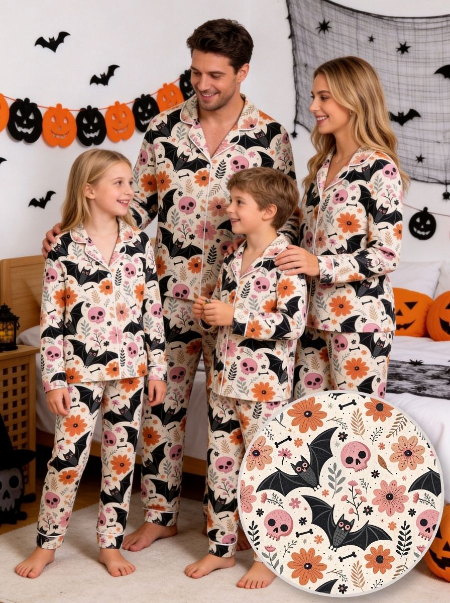 Pastel Goth Floral, Pink Skull, and Bat Pattern Soft Lounge Sleepwear