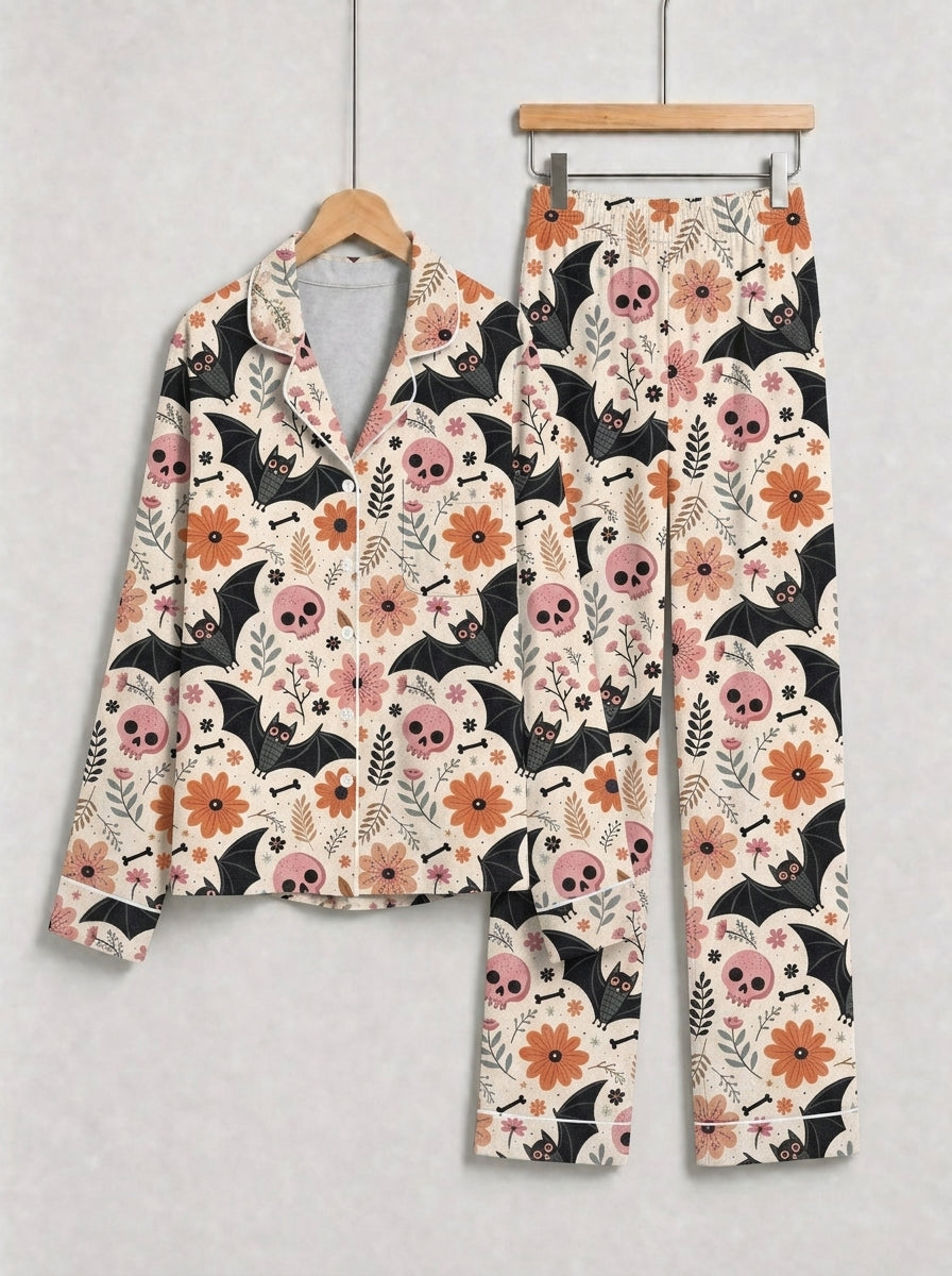 Pastel Goth Floral, Pink Skull, and Bat Pattern Soft Lounge Sleepwear