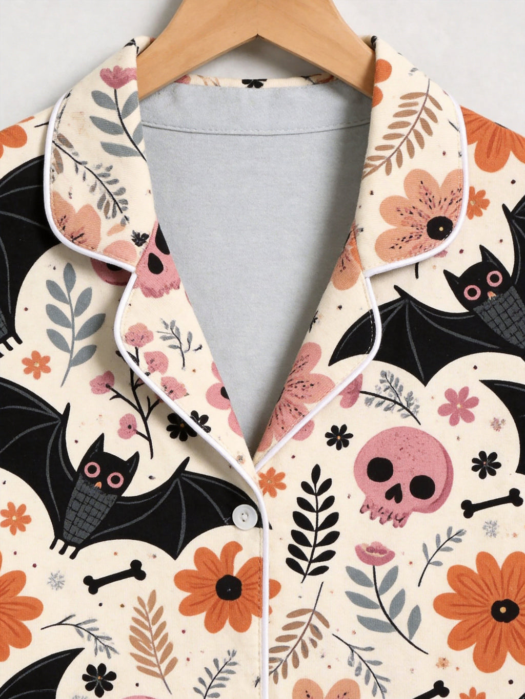 Pastel Goth Floral, Pink Skull, and Bat Pattern Soft Lounge Sleepwear