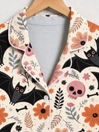 Pastel Goth Floral, Pink Skull, and Bat Pattern Soft Lounge Sleepwear