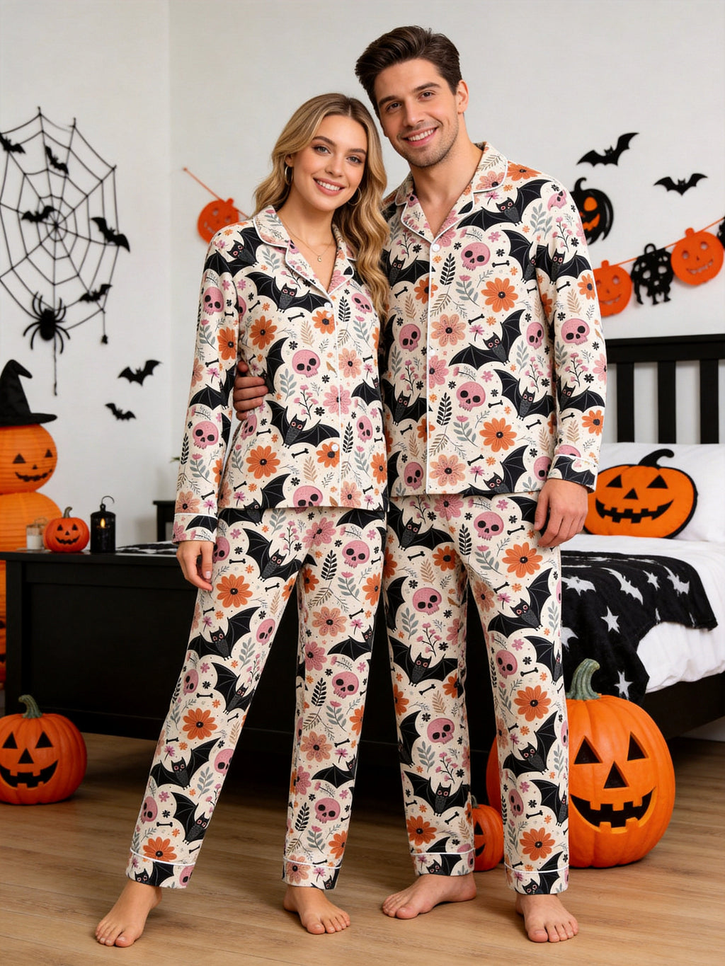 Pastel Goth Floral, Pink Skull, and Bat Pattern Soft Lounge Sleepwear