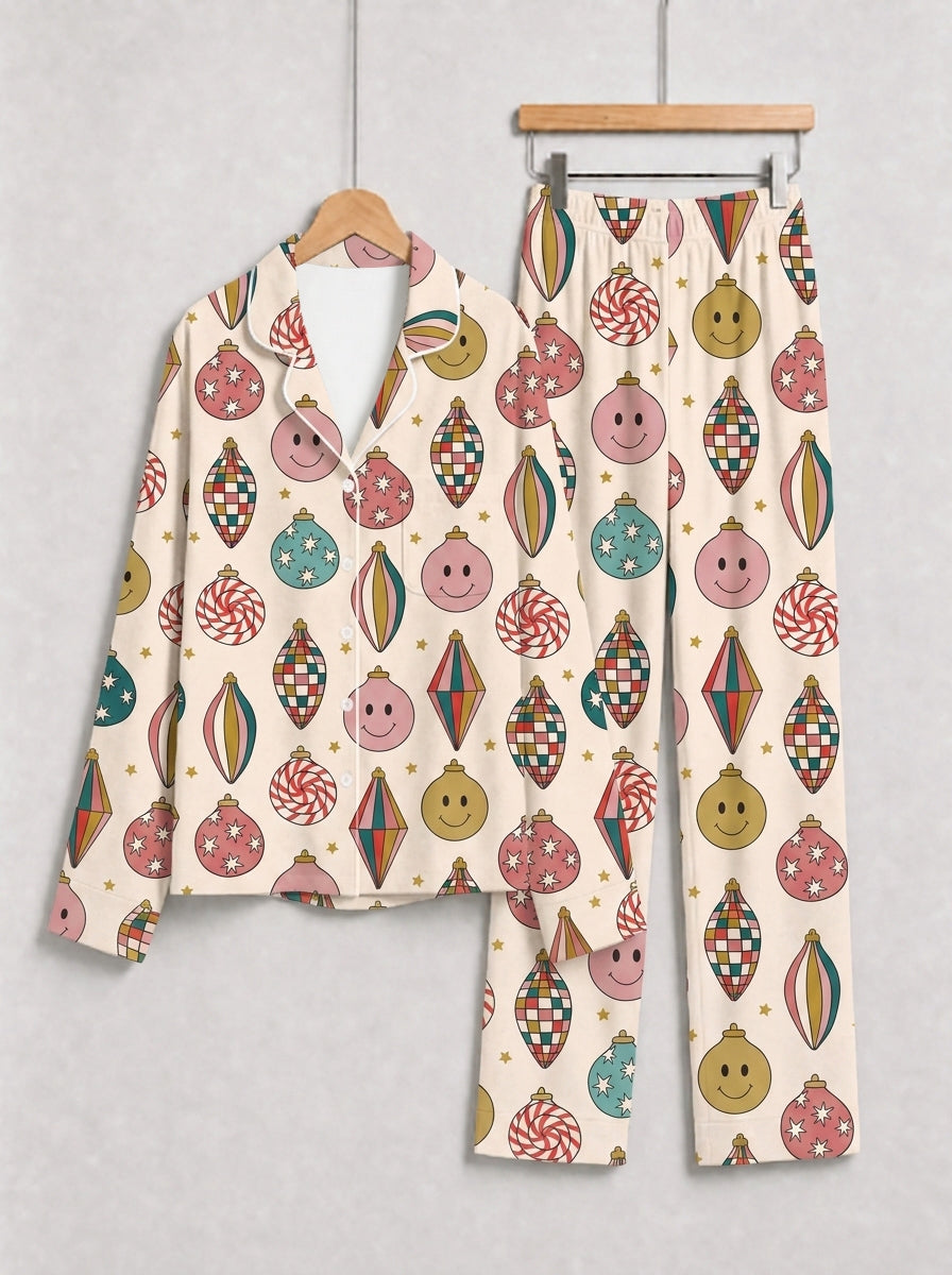 Retro Mid-Century Christmas Ornaments and Smiley Faces Print Family Holiday Sleepwear Set