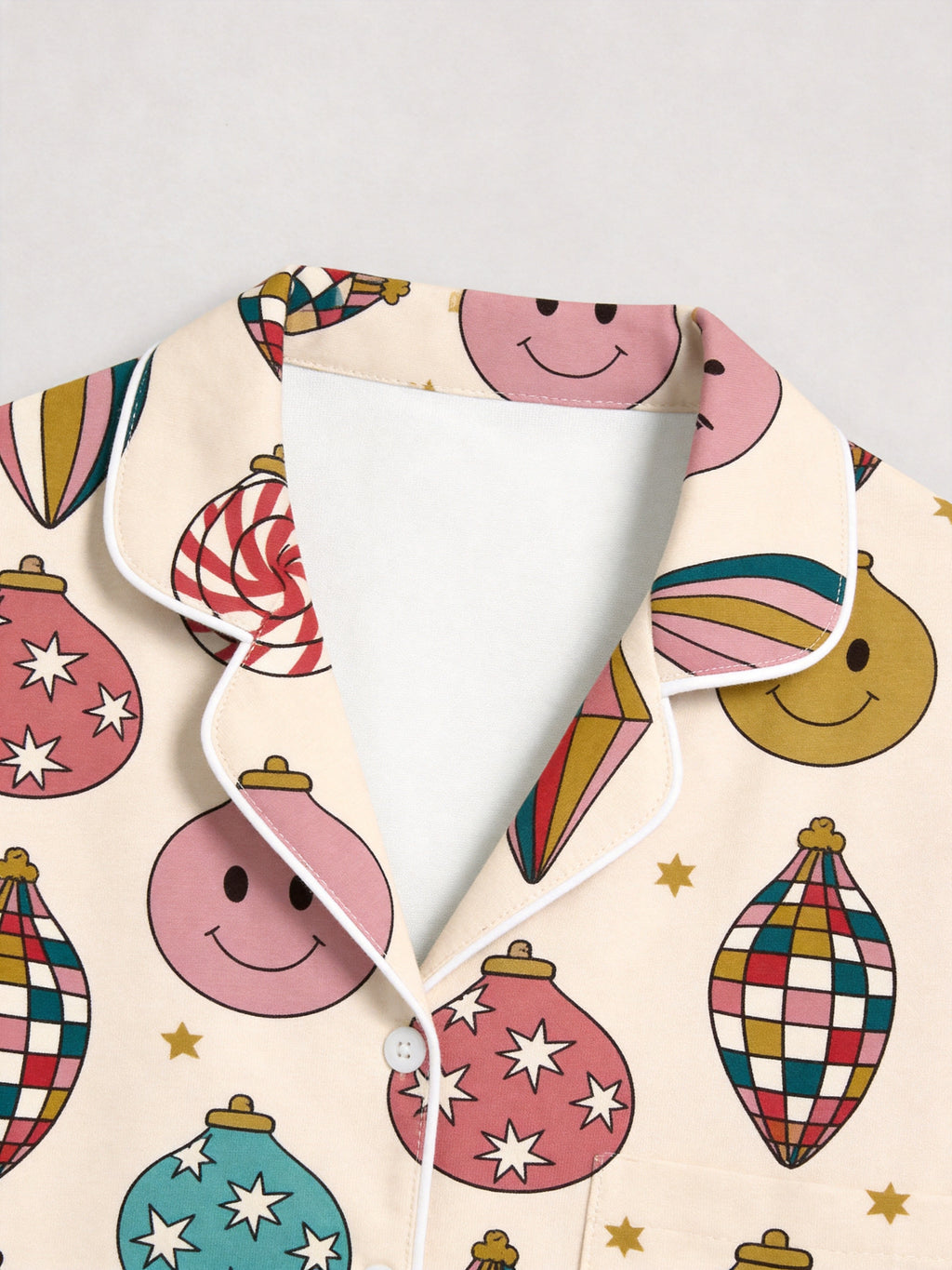 Retro Mid-Century Christmas Ornaments and Smiley Faces Print Family Holiday Sleepwear Set