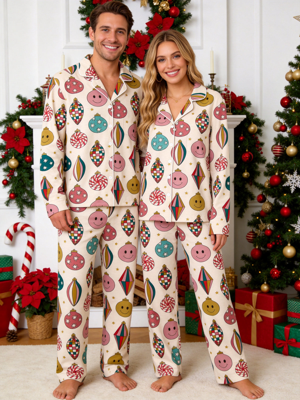 Retro Mid-Century Christmas Ornaments and Smiley Faces Print Family Holiday Sleepwear Set