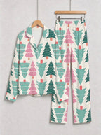Pastel Pink and Green Christmas Tree Print Matching Couple Holiday Sleepwear