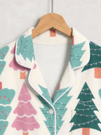 Pastel Pink and Green Christmas Tree Print Matching Couple Holiday Sleepwear
