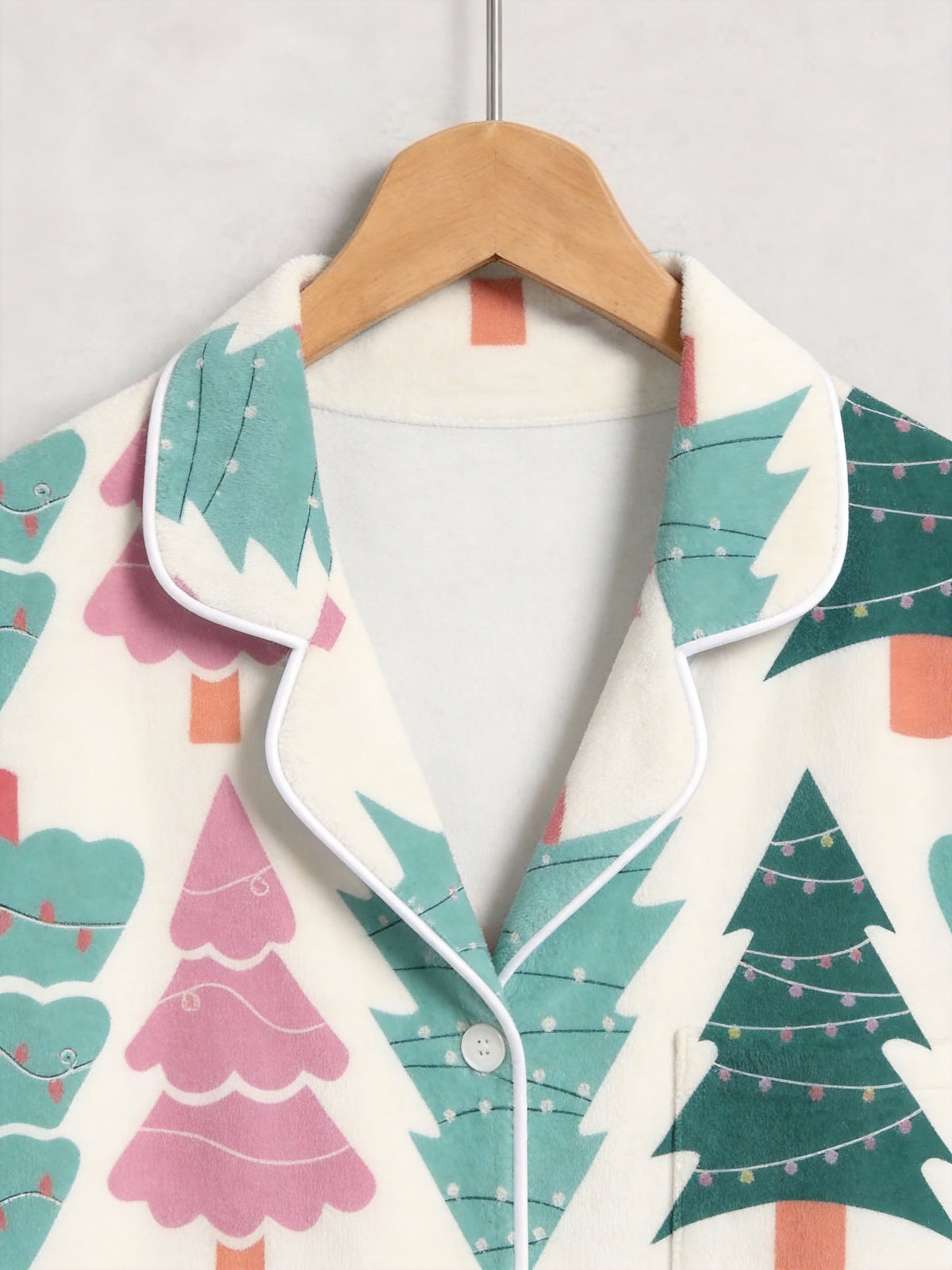 Pastel Pink and Green Christmas Tree Print Matching Couple Holiday Sleepwear