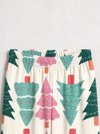 Pastel Pink and Green Christmas Tree Print Matching Couple Holiday Sleepwear