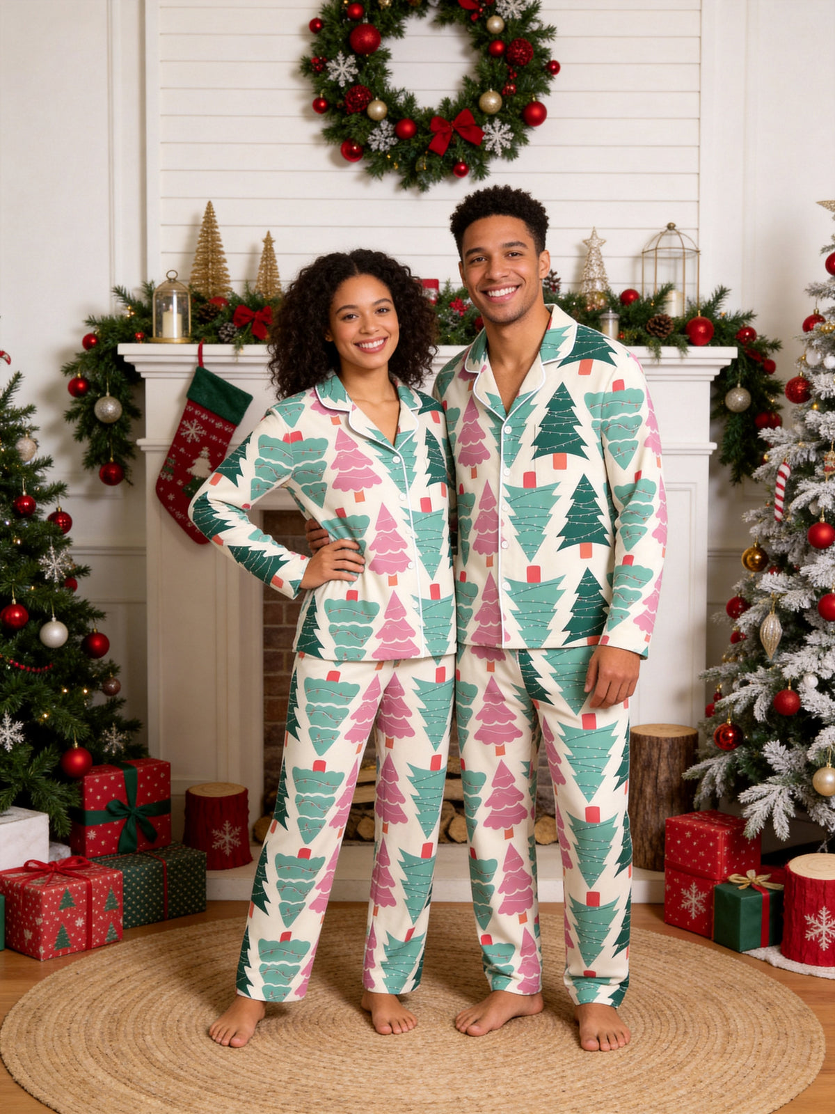 Pastel Pink and Green Christmas Tree Print Matching Couple Holiday Sleepwear