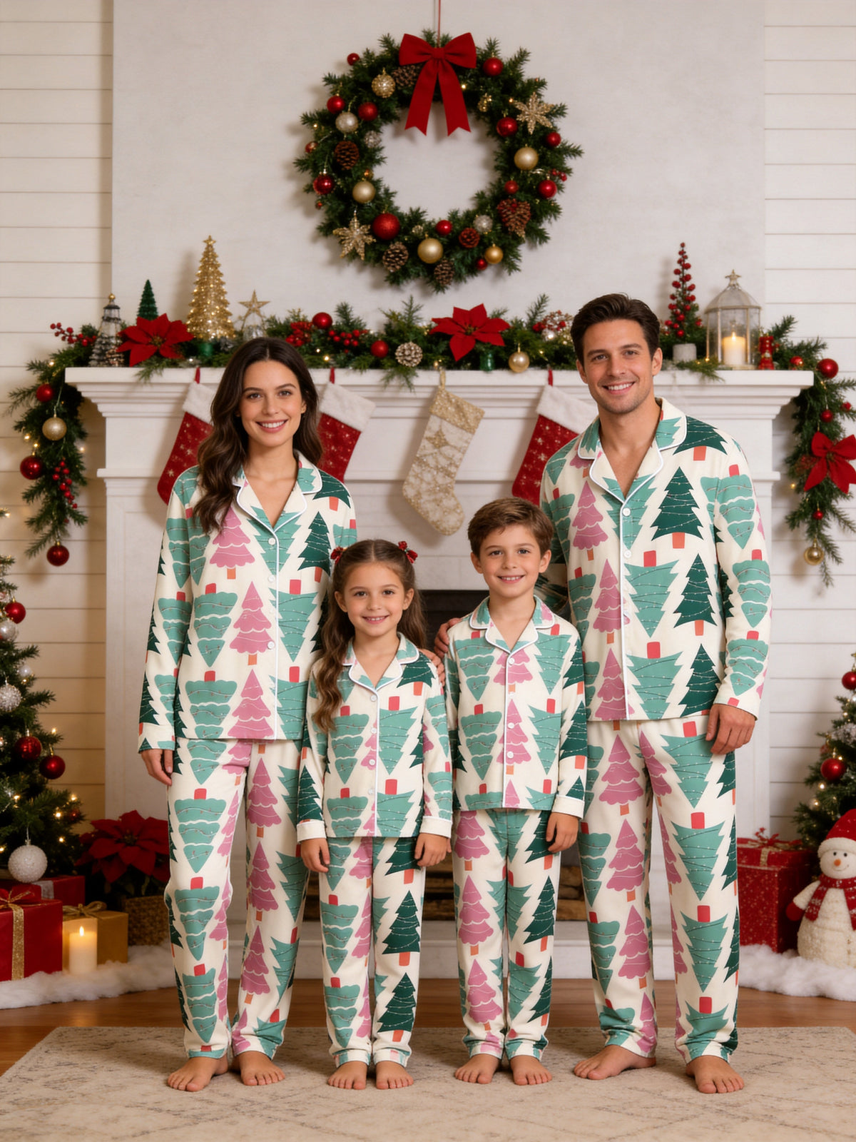 Pastel Pink and Green Christmas Tree Print Matching Couple Holiday Sleepwear