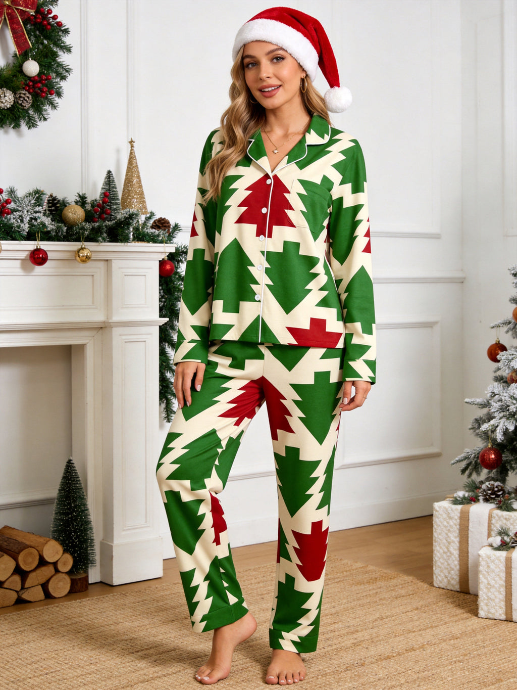 Retro Geometric Christmas Tree Pattern Matching Couple Pajamas Set