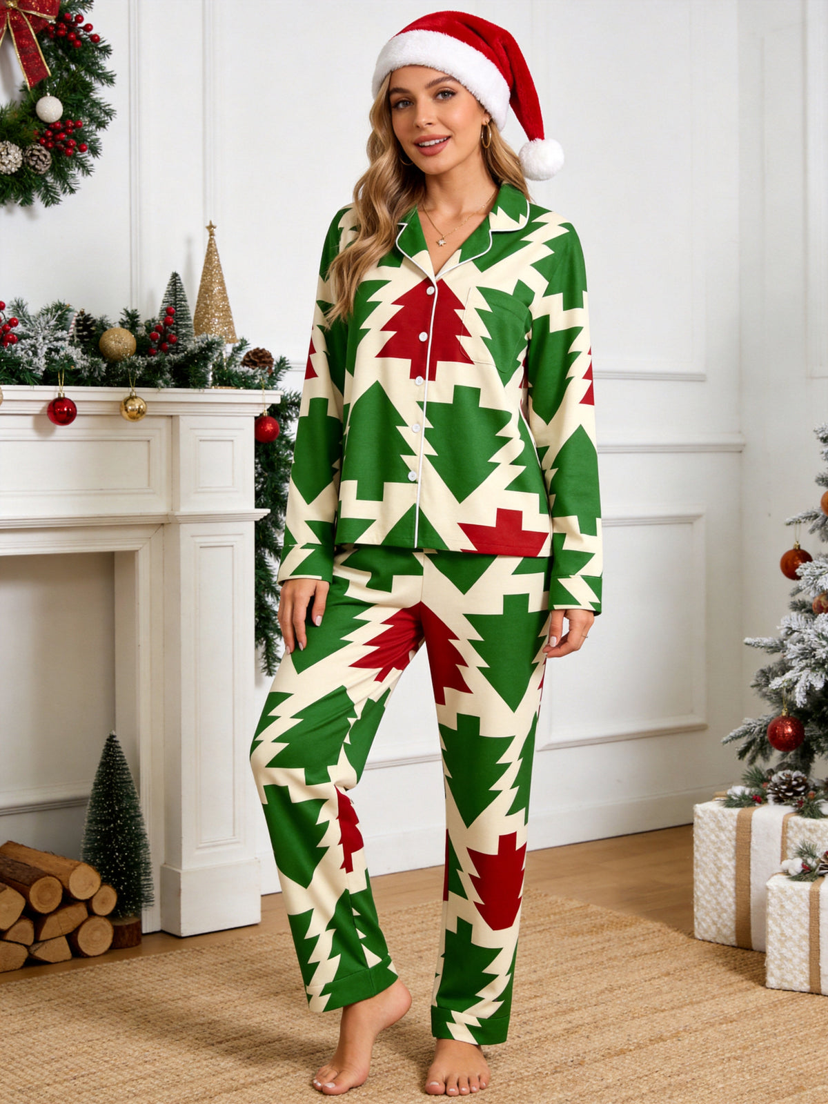 Retro Geometric Christmas Tree Pattern Matching Couple Pajamas Set