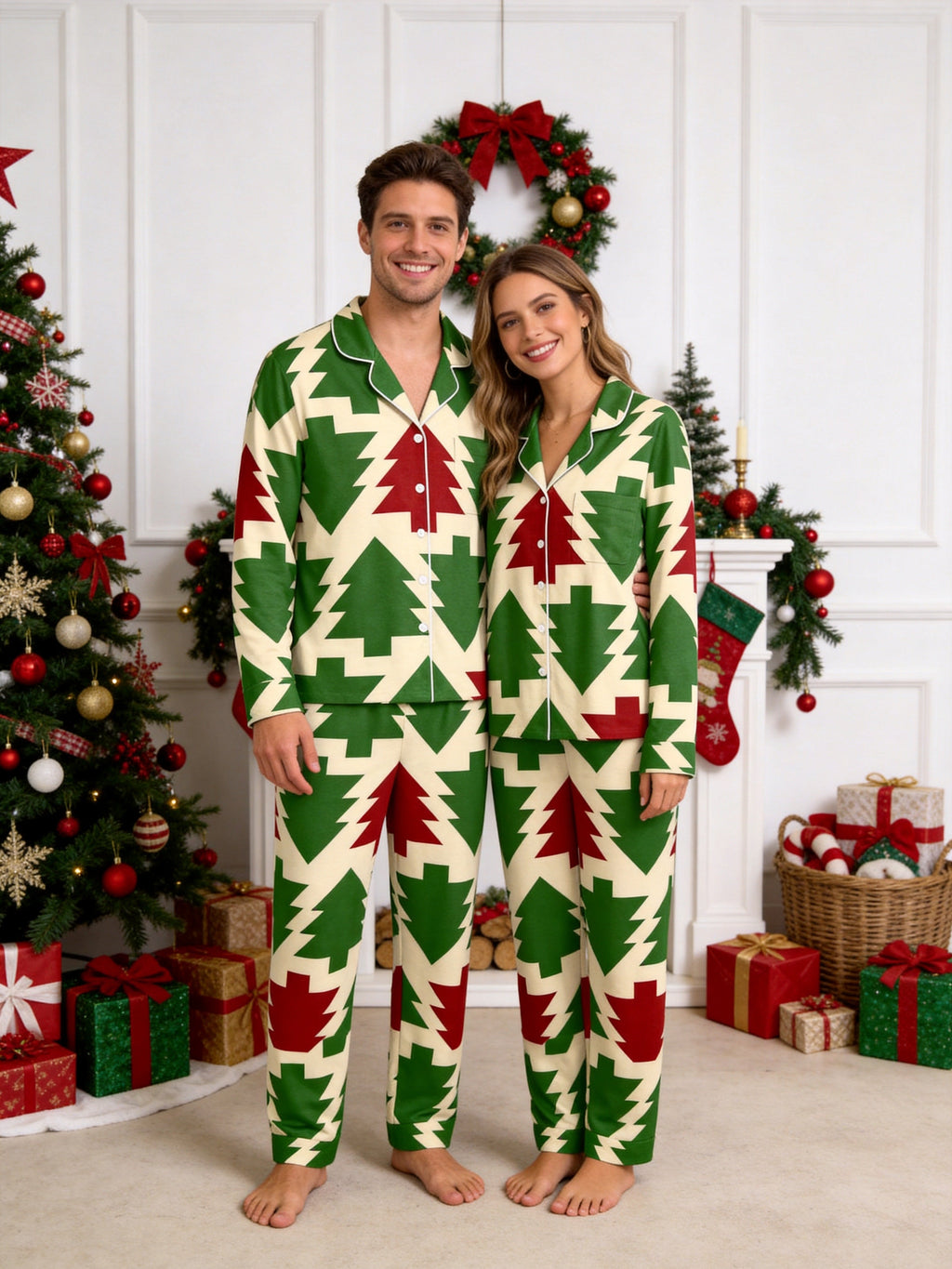 Retro Geometric Christmas Tree Pattern Matching Couple Pajamas Set