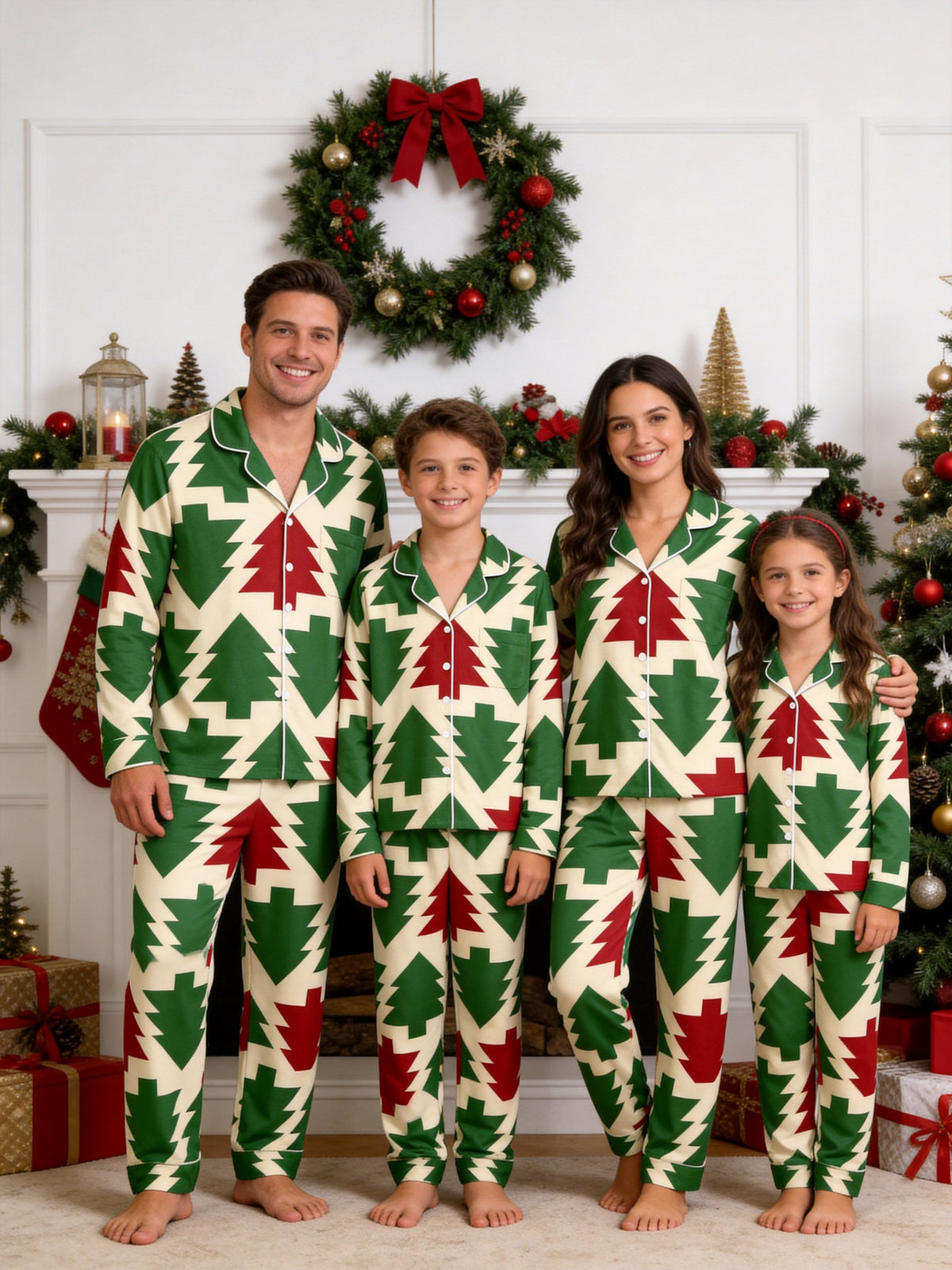 Retro Geometric Christmas Tree Pattern Matching Couple Pajamas Set