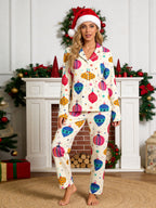 Festive Christmas Ball Ornament Print Matching Couple Pajamas Set