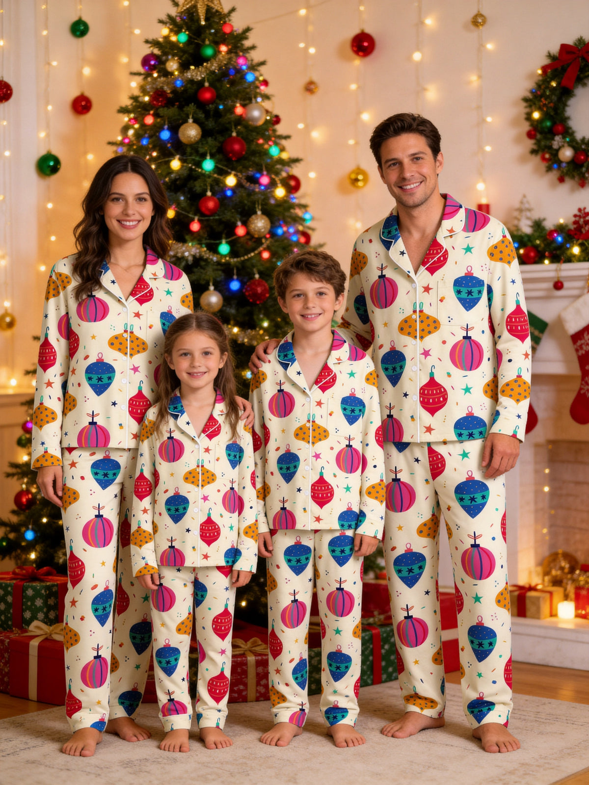 Festive Christmas Ball Ornament Print Matching Couple Pajamas Set