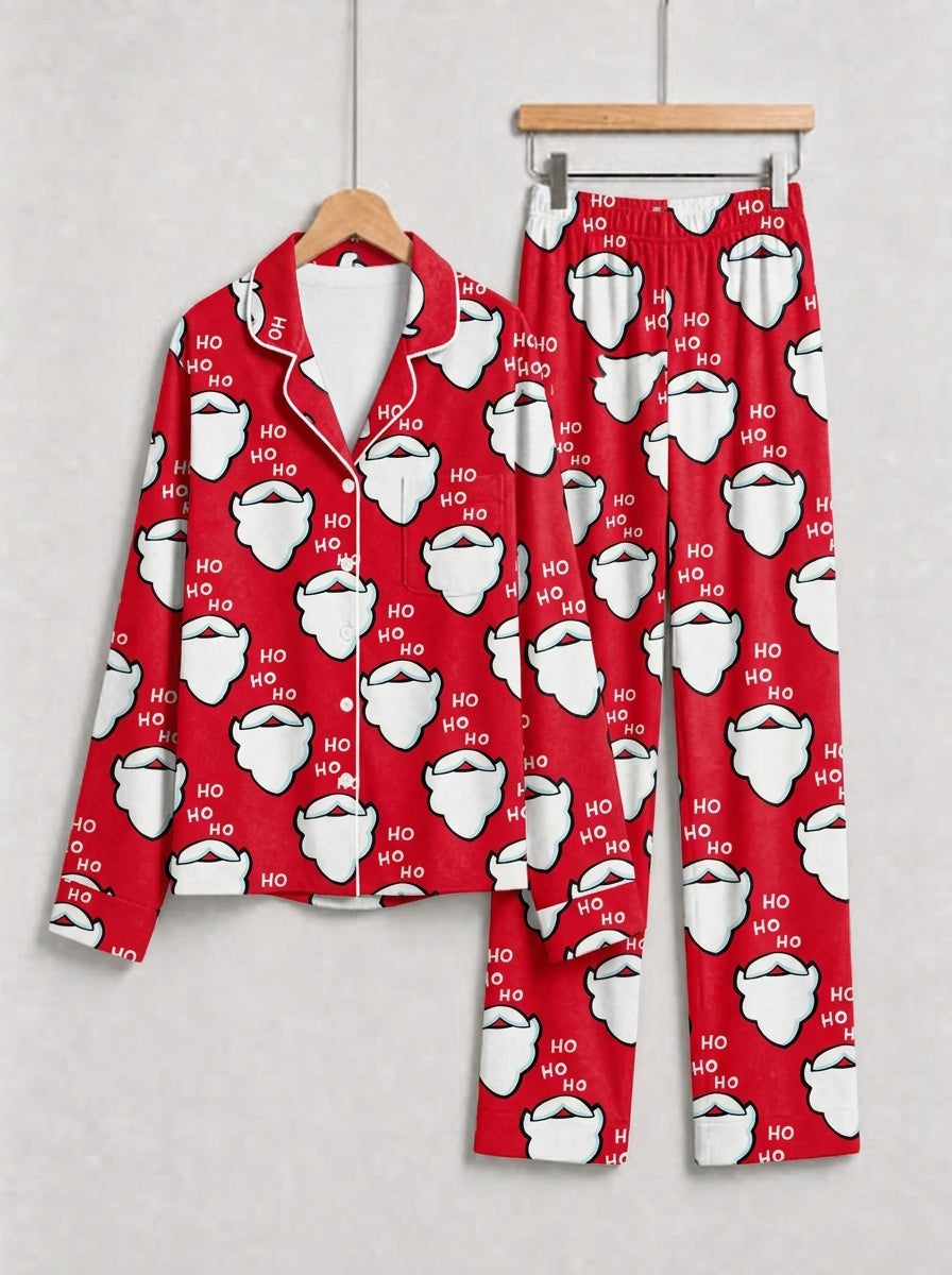 Red Santa Beard and Ho Ho Ho Letter Graphic Matching Couple Christmas Pajamas