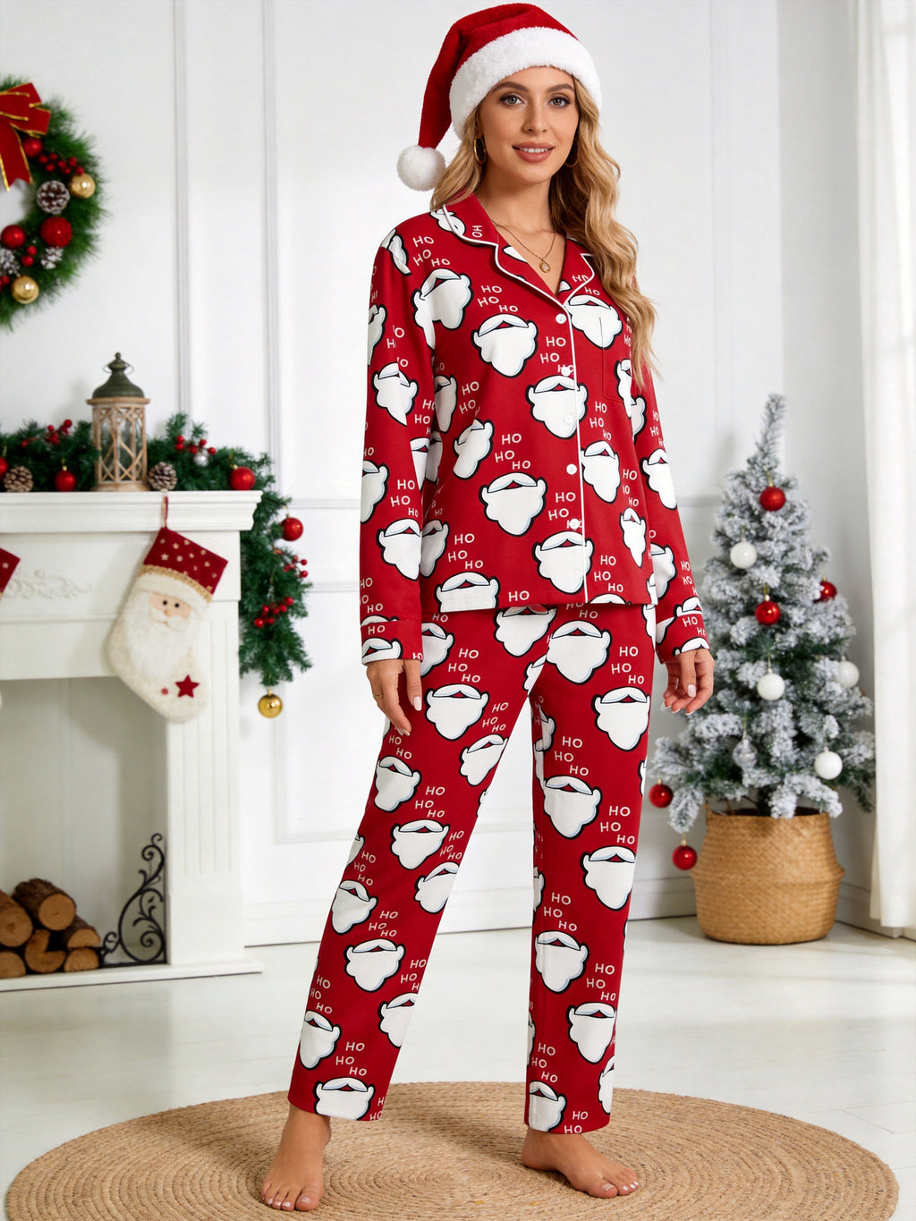 Red Santa Beard and Ho Ho Ho Letter Graphic Matching Couple Christmas Pajamas