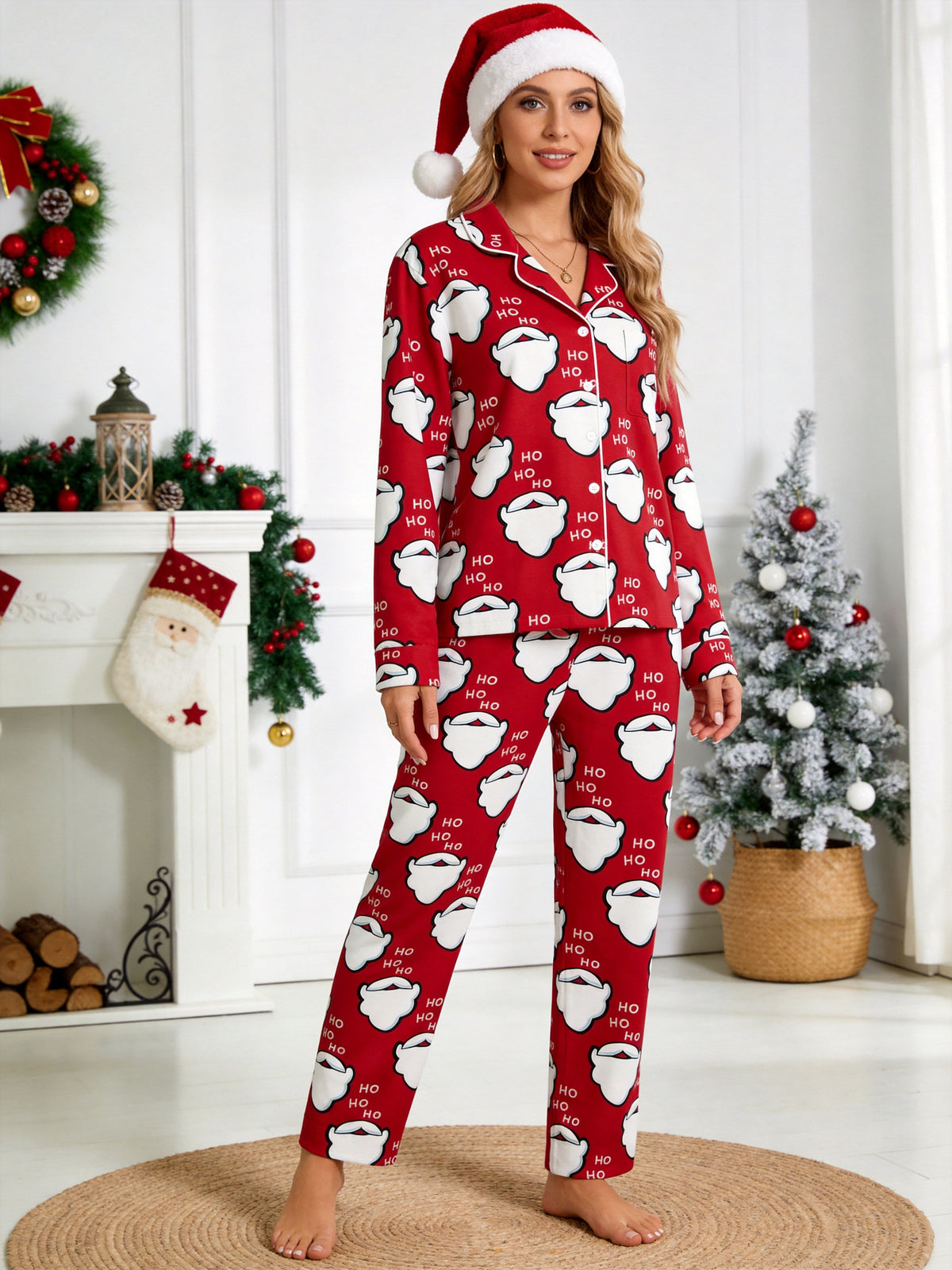 Red Santa Beard and Ho Ho Ho Letter Graphic Matching Couple Christmas Pajamas