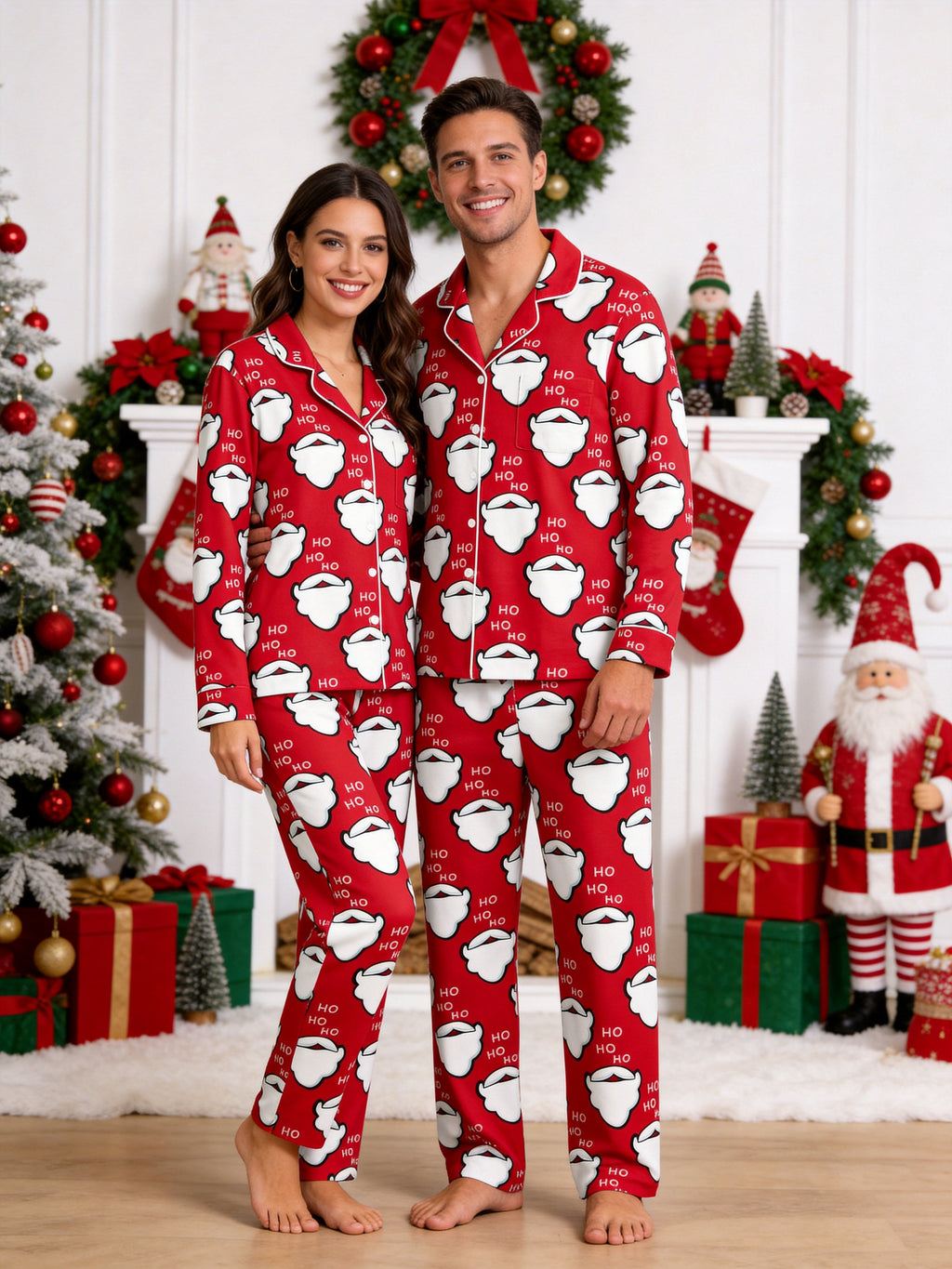 Red Santa Beard and Ho Ho Ho Letter Graphic Matching Couple Christmas Pajamas