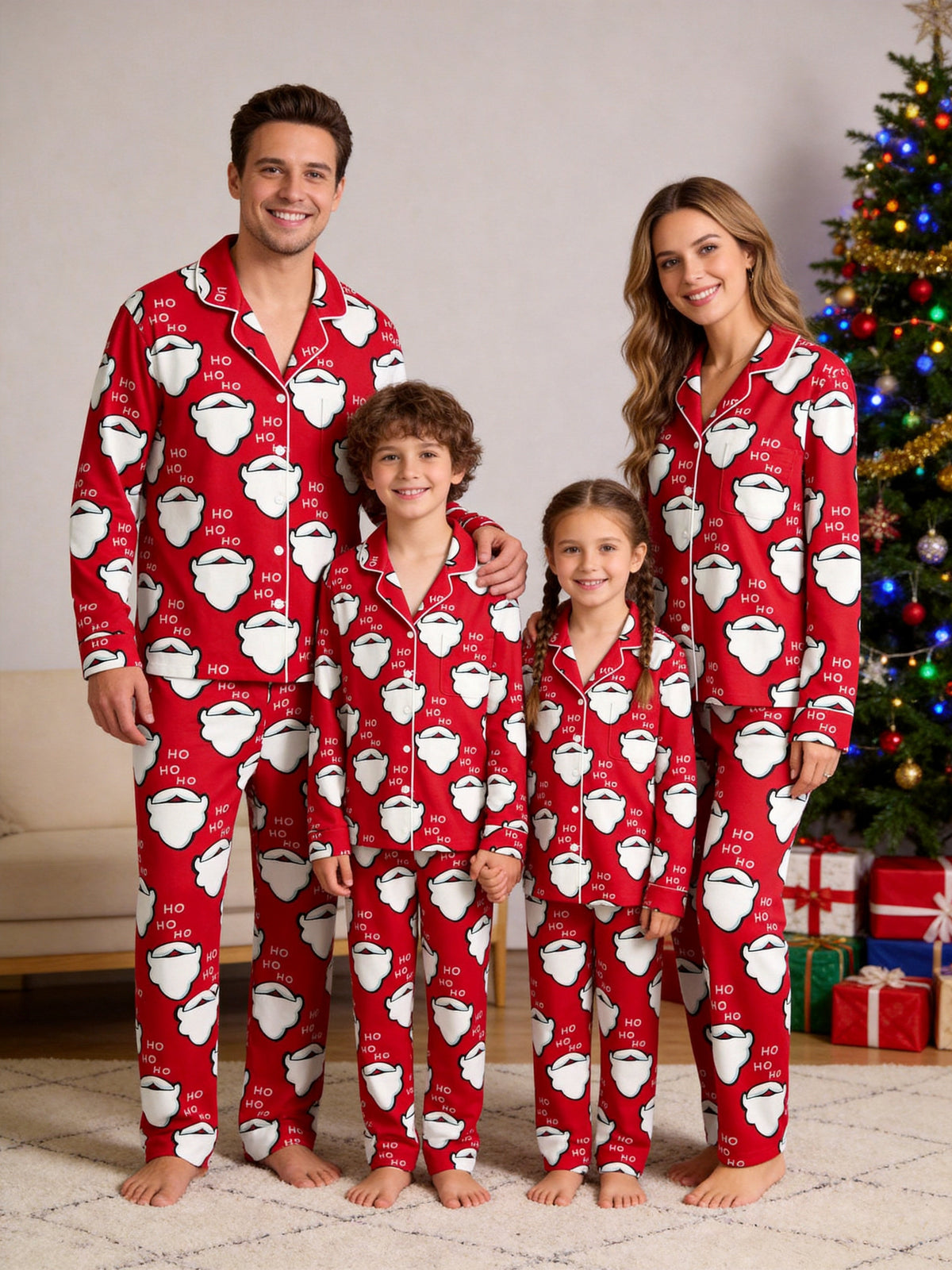 Red Santa Beard and Ho Ho Ho Letter Graphic Matching Couple Christmas Pajamas