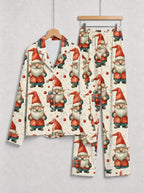 Beige Cute Santa Gnome with Gift Box Print Matching Couple Holiday PJs
