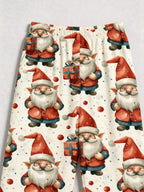 Beige Cute Santa Gnome with Gift Box Print Matching Couple Holiday PJs
