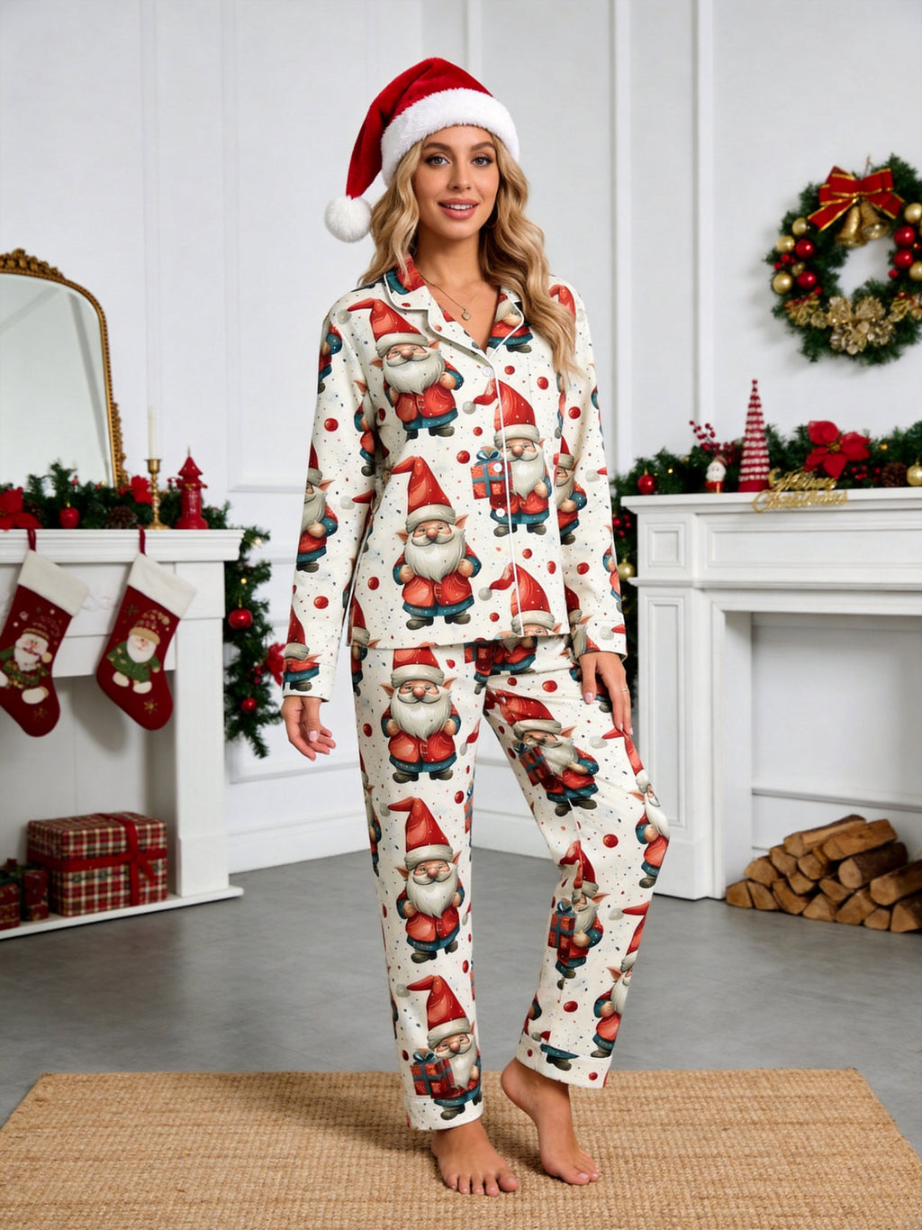 Beige Cute Santa Gnome with Gift Box Print Matching Couple Holiday PJs
