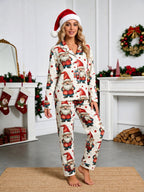 Beige Cute Santa Gnome with Gift Box Print Matching Couple Holiday PJs