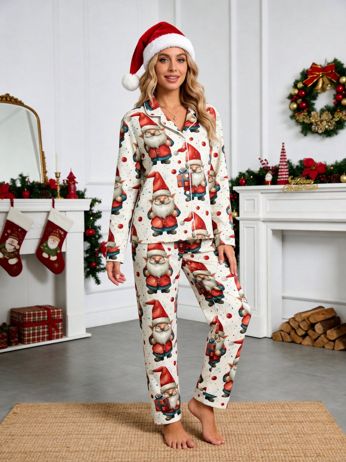 Beige Cute Santa Gnome with Gift Box Print Matching Couple Holiday PJs